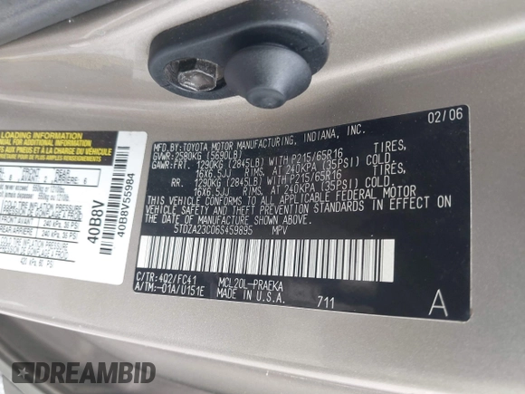 2006 Toyota Sienna CE with VIN 5TDZA23C06S459895, listed as a IAAI auction lot 41965466 with 208,688 mi miles and . Bid and sale history available at DreamBid. Image 9.