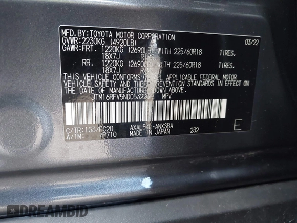 2022 Toyota RAV4 Hybrid SE z VIN JTM16RFV5ND053223, wystawiony jako IAAI lot #42217744 z przebiegiem 43 878 mil mil oraz . Historia ofert i sprzedaży dostępna na DreamBid. Obrazek 9.