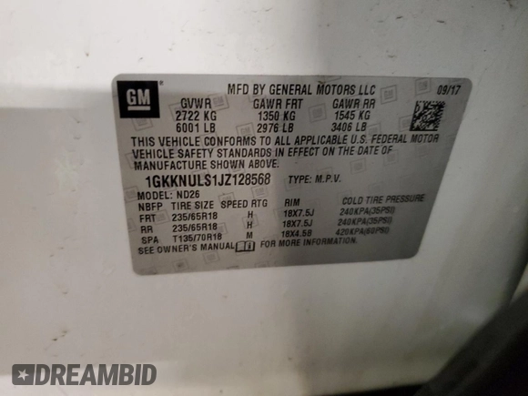 2018 GMC Acadia SLT z VIN 1GKKNULS1JZ128568, wystawiony jako Copart lot #57296885 z przebiegiem 154 476 mil mil oraz Szkoda całkowita • Salvage title. Historia ofert i sprzedaży dostępna na DreamBid. Obrazek 13.