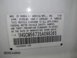 2005 Honda Accord EX with VIN 1HGCM56735A098365, listed as a IAAI auction lot 41916153 with 169,151 mi miles and . Bid and sale history available at DreamBid. Image 9.