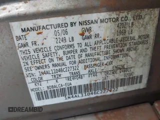2006 Nissan Altima S with VIN 1N4AL11D46C227322, listed as a IAAI auction lot 42013704 with Not provided miles and . Bid and sale history available at DreamBid. Image 9.