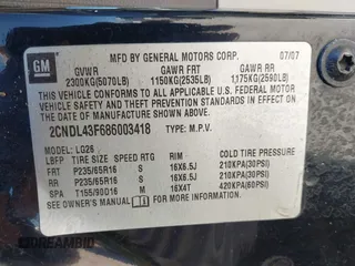 2008 Chevrolet Equinox LT with VIN 2CNDL43F686003418, listed as a IAAI auction lot 41647537 with 147,701 mi miles. Bid and sale history available at carsss.com. Image 9.
