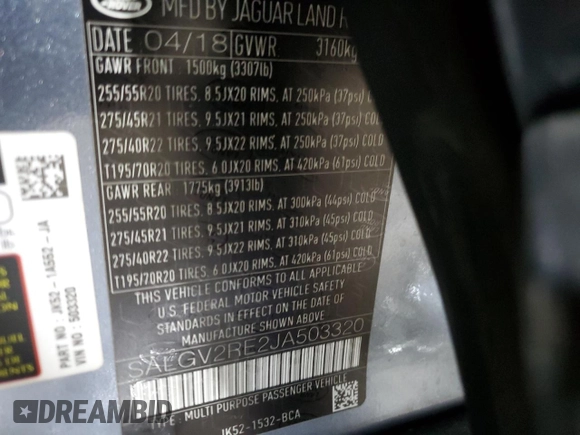 2018 Land Rover Range Rover Autobiography with VIN SALGV2RE2JA503320, listed as a Copart auction lot 41910035 with 75,153 mi miles and Salvage title. Bid and sale history available at DreamBid. Image 13.