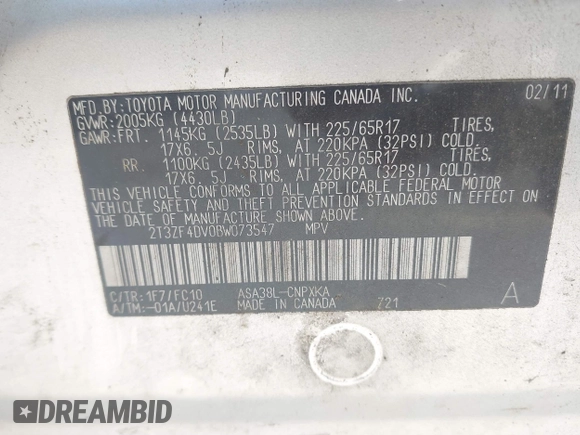 2011 Toyota RAV4 with VIN 2T3ZF4DV0BW073547, listed as a IAAI auction lot 42197624 with 235,537 mi miles and . Bid and sale history available at DreamBid. Image 9.