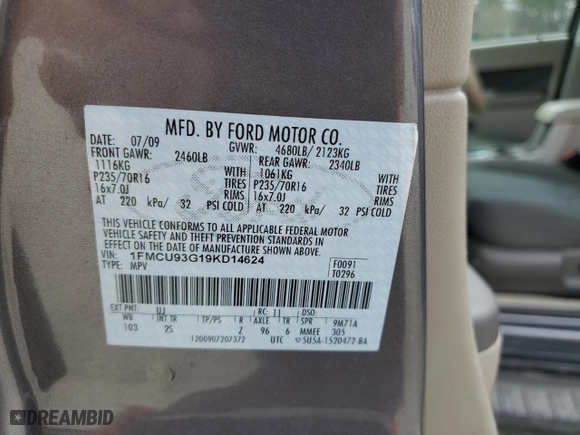 2009 Ford Escape XLT with VIN 1FMCU93G19KD14624, listed as a Copart auction lot 52132105 with 120,500 mi miles and Clean Title. Bid and sale history available at carsss.com. Image 13.