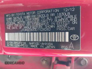 2013 Toyota Prius One with VIN JTDKDTB33D1528282, listed as a IAAI auction lot 41979126 with Not Provided miles and . Bid and sale history available at DreamBid. Image 9.