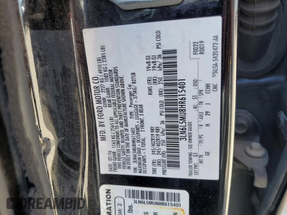 2017 Lincoln MKZ Hybrid Reserve with VIN 3LN6L5MU8HR615401, listed as a Copart auction lot 54512985 with 337,049 mi miles and Clean Title. Bid and sale history available at carsss.com. Image 12.
