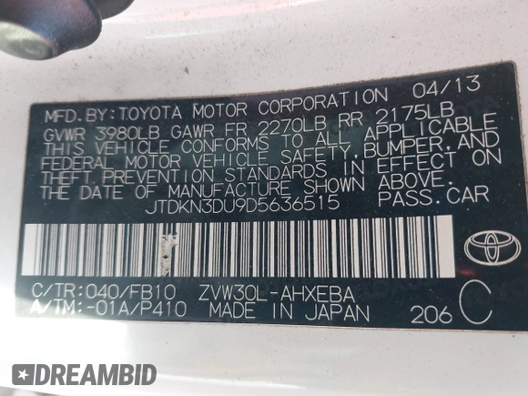2013 Toyota Prius One with VIN JTDKN3DU9D5636515, listed as a IAAI auction lot 41505799 with 184,600 mi miles. Bid and sale history available at carsss.com. Image 9.