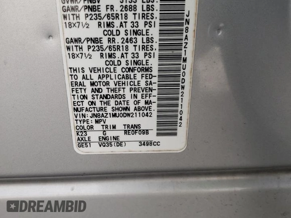2013 Nissan Murano S with VIN JN8AZ1MU0DW211042, listed as a Copart auction lot 73593734 with 111,107 mi miles and Salvage Title. Bid and sale history available at carsss.com. Image 15.