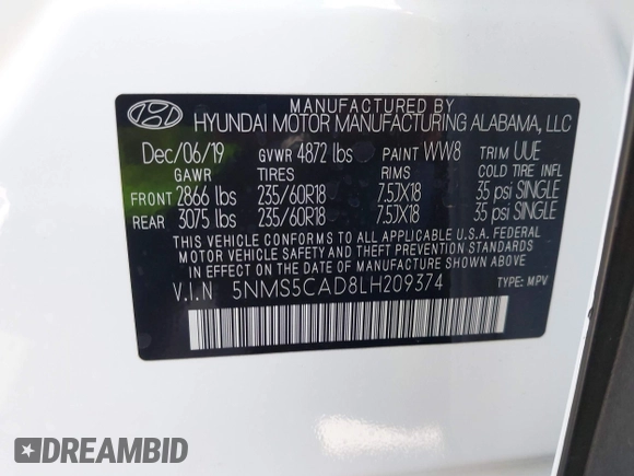 2020 Hyundai Santa Fe Limited with VIN 5NMS5CAD8LH209374, listed as a IAAI auction lot 42212130 with 32,378 mi miles and . Bid and sale history available at DreamBid. Image 9.