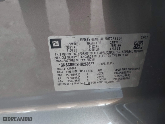 2017 Chevrolet Tahoe LT with VIN 1GNSCBKC2HR260627, listed as a IAAI auction lot 41580613 with 156,650 mi miles. Bid and sale history available at carsss.com. Image 9.