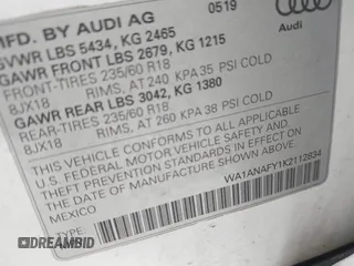 2019 Audi Q5 Premium with VIN WA1ANAFY1K2112834, listed as a IAAI auction lot 42443822 with 98,579 mi miles and . Bid and sale history available at DreamBid. Image 9.
