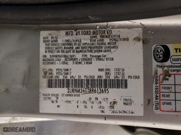 2008 Lincoln MKZ with VIN 3LNHM26T78R613695, listed as a Copart auction lot 47081595 with 209,843 mi miles and Salvage Title. Bid and sale history available at carsss.com. Image 14.