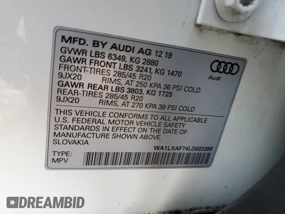 2020 Audi Q7 Premium Plus with VIN WA1LXAF74LD002358, listed as a Copart auction lot 51388675 with 89,433 mi miles and Clean Title. Bid and sale history available at carsss.com. Image 13.