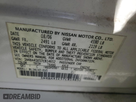2007 Nissan Maxima 3.5 SL with VIN 1N4BA41E57C814652, listed as a Copart auction lot 78513034 with 164,502 mi miles and Salvage Title. Bid and sale history available at carsss.com. Image 12.