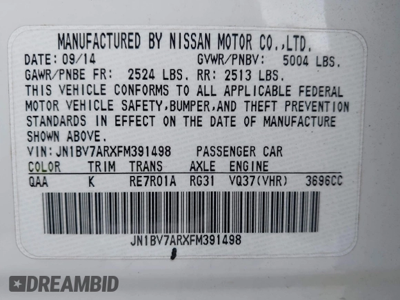 2015 Infiniti Q50 with VIN JN1BV7ARXFM391498, listed as a IAAI auction lot 42538882 with 164,808 mi miles and . Bid and sale history available at DreamBid. Image 9.