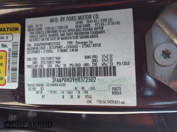 2017 Ford Fusion SE with VIN 3FA6P0HD9HR372502, listed as a IAAI auction lot 41974165 with 84,009 mi miles and . Bid and sale history available at DreamBid. Image 9.