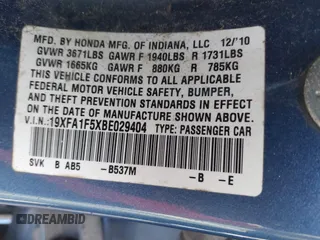 2011 Honda Civic LX with VIN 19XFA1F5XBE029404, listed as a IAAI auction lot 42261127 with 206,812 mi miles and . Bid and sale history available at DreamBid. Image 9.