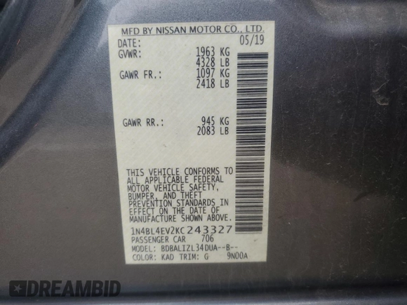 2019 Nissan Altima SL with VIN 1N4BL4EV2KC243327, listed as a Copart auction lot 51425485 with 92,624 mi miles and Salvage title. Bid and sale history available at DreamBid. Image 14.