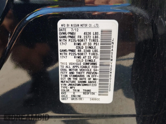 2013 Nissan Rogue SL with VIN JN8AS5MV3DW601220, listed as a IAAI auction lot 42124095 with 147,676 mi miles and . Bid and sale history available at DreamBid. Image 9.