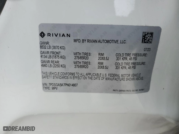 2023 Rivian R1S Adventure with VIN 7PDSGABA7PN014807, listed as a Copart auction lot 46503815 with NaN miles and Salvage Title. Bid and sale history available at carsss.com. Image 13.