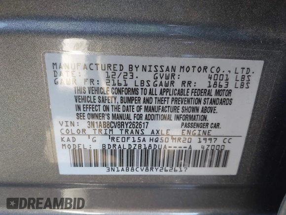 2024 Nissan Sentra SV with VIN 3N1AB8CV8RY262617, listed as a IAAI auction lot 41817566 with 28,680 mi miles. Bid and sale history available at carsss.com. Image 9.