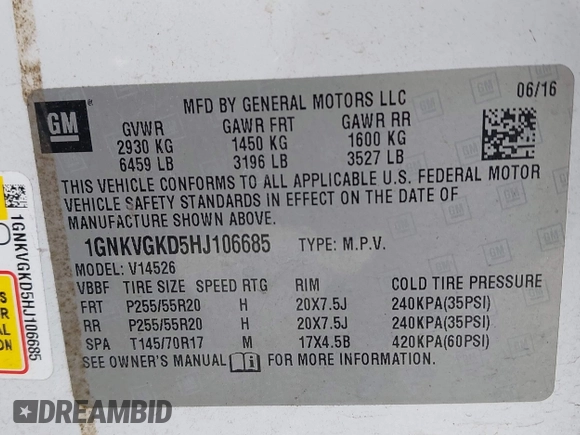 2017 Chevrolet Traverse LT with VIN 1GNKVGKD5HJ106685, listed as a IAAI auction lot 41929915 with 160,106 mi miles and . Bid and sale history available at DreamBid. Image 9.
