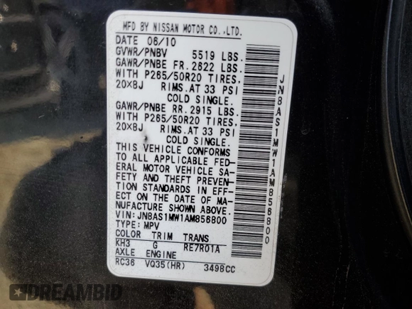 2010 Infiniti FX with VIN JN8AS1MW1AM856800, listed as a Copart auction lot 48425245 with 154,305 mi miles and Salvage Title. Bid and sale history available at carsss.com. Image 13.