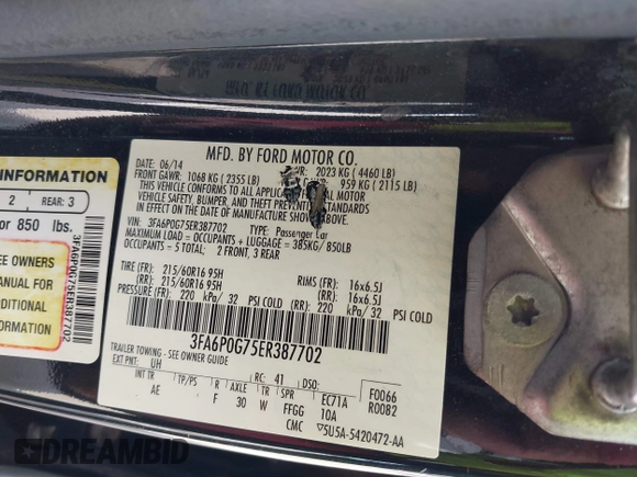 2014 Ford Fusion S with VIN 3FA6P0G75ER387702, listed as a IAAI auction lot 41912113 with 180,002 mi miles. Bid and sale history available at carsss.com. Image 9.
