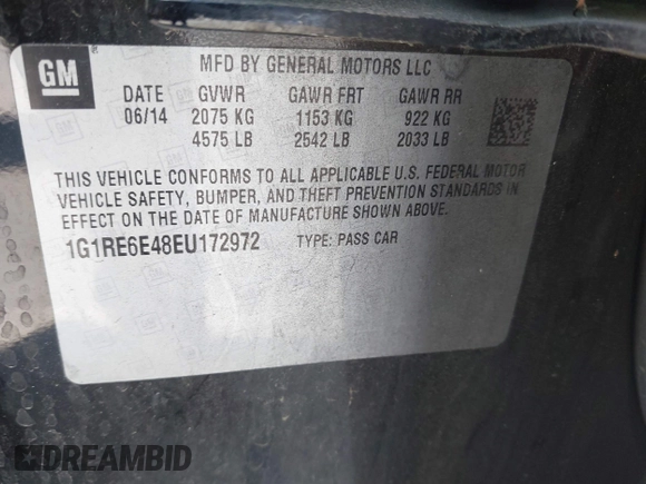 2014 Chevrolet Volt with VIN 1G1RE6E48EU172972, listed as a IAAI auction lot 42215102 with Not Provided miles and . Bid and sale history available at carsss.com. Image 9.