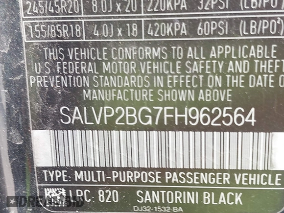 2015 Land Rover Range Rover Evoque Pure Plus with VIN SALVP2BG7FH962564, listed as a IAAI auction lot 40739895 with 101,752 mi miles and . Bid and sale history available at DreamBid. Image 9.