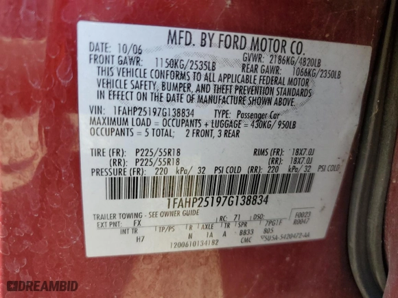 2007 Ford Five Hundred Limited with VIN 1FAHP25197G138834, listed as a Copart auction lot 72264114 with 216,504 mi miles and Salvage Title. Bid and sale history available at carsss.com. Image 12.