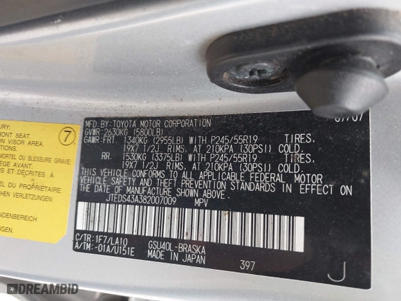2008 Toyota Highlander Sport with VIN JTEDS43A382007009, listed as a IAAI auction lot 41843043 with 301,488 mi miles. Bid and sale history available at carsss.com. Image 9.