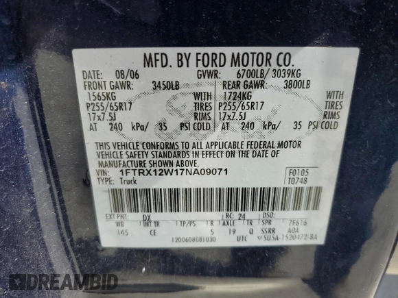 2007 Ford F-150 STX with VIN 1FTRX12W17NA09071, listed as a Copart auction lot 54450035 with 190,642 mi miles and Clean Title. Bid and sale history available at DreamBid. Image 12.