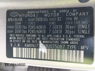 2008 Hyundai Veracruz GLS with VIN KM8NU73C38U075087, listed as a IAAI auction lot 42817571 with 185,379 mi miles and . Bid and sale history available at DreamBid. Image 9.