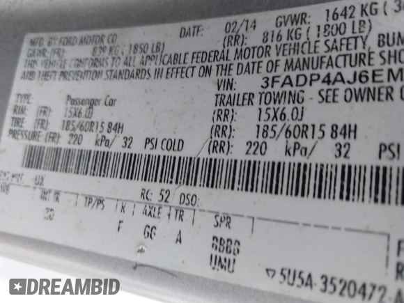 2014 Ford Fiesta S with VIN 3FADP4AJ6EM211807, listed as a IAAI auction lot 42601443 with 163,459 mi miles and . Bid and sale history available at DreamBid. Image 9.