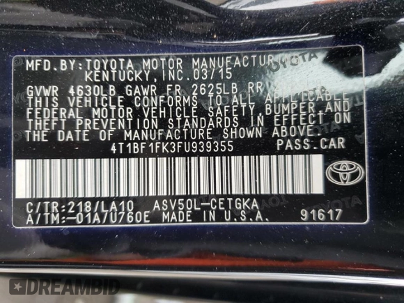 2015 Toyota Camry XLE z VIN 4T1BF1FK3FU939355, wystawiony jako Copart lot #56998335 z przebiegiem 108 689 mil mil oraz Szkoda całkowita • Salvage title. Historia ofert i sprzedaży dostępna na DreamBid. Obrazek 13.