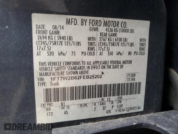 2015 Ford Super Duty F-250 SRW Lariat with VIN 1FT7W2B62FEB25202, listed as a Copart auction lot 41829805 with Not Provided miles and Salvage Title. Bid and sale history available at carsss.com. Image 12.