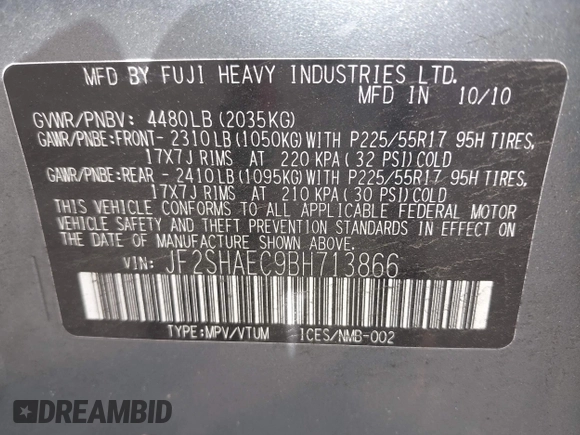 2011 Subaru Forester X Limited with VIN JF2SHAEC9BH713866, listed as a IAAI auction lot 42114557 with 148,404 mi miles and . Bid and sale history available at DreamBid. Image 9.
