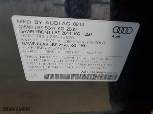 2014 Audi SQ5 Prestige with VIN WA1VGAFP8EA030743, listed as a Copart auction lot 76063284 with 109,152 mi miles and Salvage Title. Bid and sale history available at carsss.com. Image 13.
