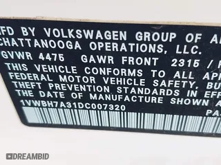 2013 Volkswagen Passat SE w/Sunroof with VIN 1VWBH7A31DC007320, listed as a IAAI auction lot 41213664 with 164,040 mi miles. Bid and sale history available at carsss.com. Image 9.