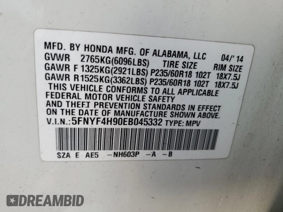 2014 Honda Pilot Touring with VIN 5FNYF4H90EB045332, listed as a Copart auction lot 84977584 with 120,248 mi miles and Salvage Title. Bid and sale history available at DreamBid. Image 13.