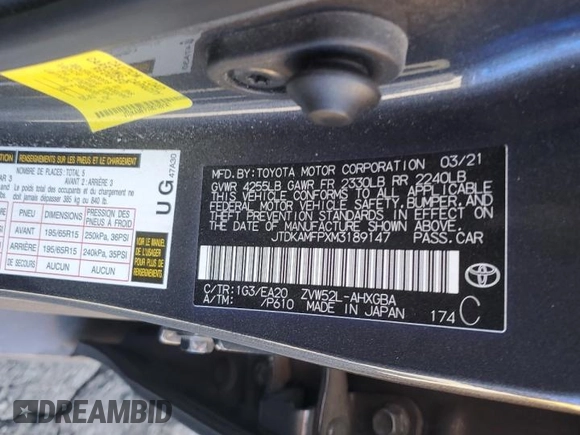 2021 Toyota Prius LE with VIN JTDKAMFPXM3189147, listed as a Copart auction lot 78013544 with 111,579 mi miles and Clean Title. Bid and sale history available at DreamBid. Image 12.