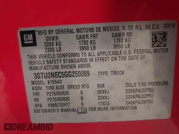 2016 GMC Sierra 1500 SLT with VIN 3GTU2NEC5GG250089, listed as a IAAI auction lot 42044027 with 173,775 mi miles and . Bid and sale history available at DreamBid. Image 9.