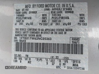 2002 Ford F-150 XL with VIN 1FTRX17W62NC05363, listed as a IAAI auction lot 41897174 with 1 mi miles. Bid and sale history available at carsss.com. Image 9.