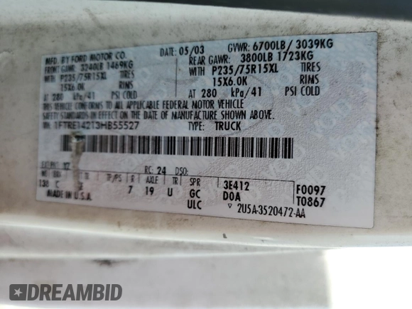 2003 Ford Econoline Cargo with VIN 1FTRE14213HB55527, listed as a Copart auction lot 86526164 with 187,256 mi miles and Non Repairable. Bid and sale history available at carsss.com. Image 13.