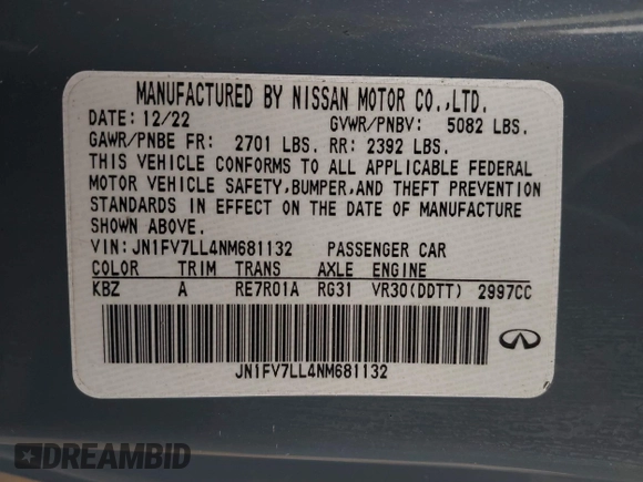 2022 Infiniti Q60 Red Sport 400 with VIN JN1FV7LL4NM681132, listed as a IAAI auction lot 40733343 with 14,309 mi miles and . Bid and sale history available at DreamBid. Image 9.