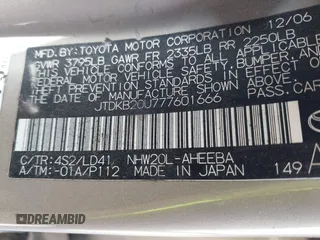 2007 Toyota Prius with VIN JTDKB20U777601666, listed as a IAAI auction lot 42643831 with Not provided miles and . Bid and sale history available at DreamBid. Image 9.