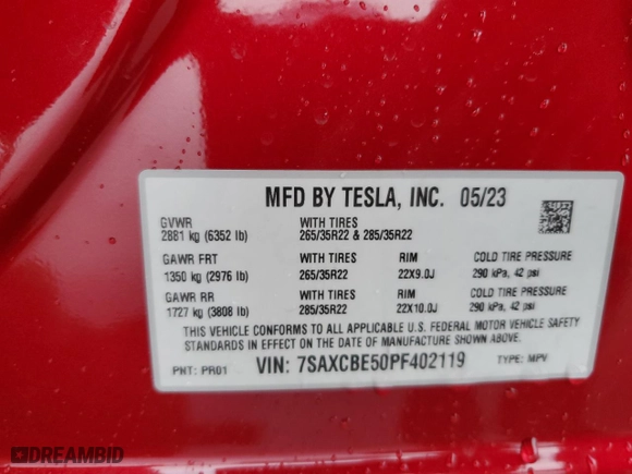 2023 Tesla Model X with VIN 7SAXCBE50PF402119, listed as a Copart auction lot 69883384 with 8,018 mi miles and Clean Title. Bid and sale history available at carsss.com. Image 13.