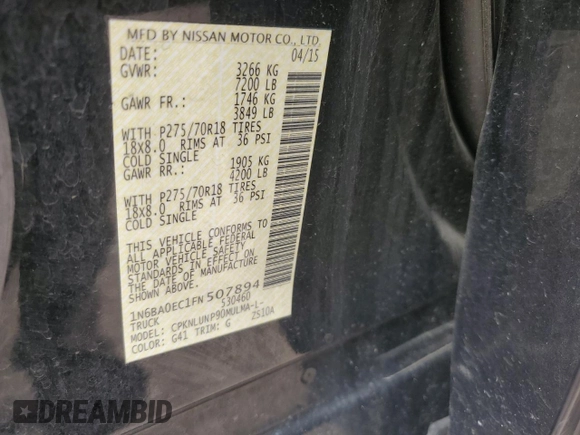 2015 Nissan Titan Pro-4X with VIN 1N6BA0EC1FN507894, listed as a Copart auction lot 65784274 with 147,576 mi miles and Salvage title. Bid and sale history available at DreamBid. Image 14.